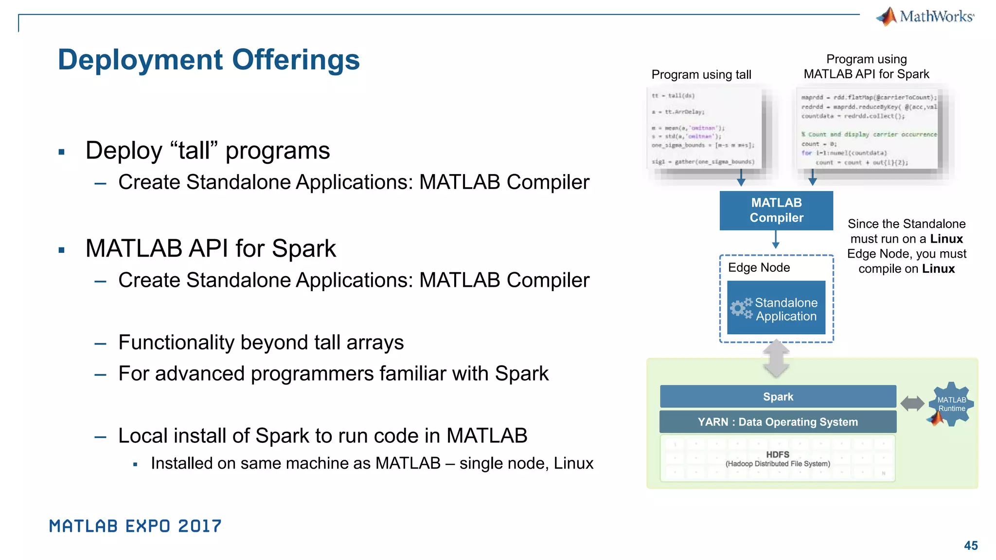 45 YARN : Data Operating System Spark Deployment Offerings ▪ Deploy “tall” programs – Create Standalone Applications: MATLAB Compiler ▪ MATLAB API for Spark – Create Standalone Applications: MATLAB Compiler – Functionality beyond tall arrays – For advanced programmers familiar with Spark – Local install of Spark to run code in MATLAB ▪ Installed on same machine as MATLAB – single node, Linux Standalone Application Edge Node MATLAB Runtime MATLAB Compiler Program using tall Program using MATLAB API for Spark Since the Standalone must run on a Linux Edge Node, you must compile on Linux 