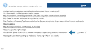 114
‫ﻣﺮﺟﻊ‬‫ﺍاﻥن‬‫ﺮ‬‫ﺗﻬ‬ ‫ﺩدﺍاﻧﺸﮕﺎﻩه‬ ACM - ۱۳۹۵ ‫ﺗﺎﺑﺴﺘﺎﻥن‬ - ‫‌ﻣﺎﺷﯿﻦ‬‫ﯼی‬‫ﯾﺎﺩدﮔﯿﺮ‬ ‫ﻭو‬ ‫ﺑﺰﺭرﮒگ‬ ‫‌ﻫﺎﯼی‬‫ﻩه‬‫ﺩدﺍاﺩد‬ ‫‌ﻫﺎﯼی‬‫ﺩد‬‫ﮐﺎﺭرﺑﺮ‬ ‫ﺑﺮ‬ ‫ﮔﺬﺭرﯼی‬
http://www.infogovsolutions.com/defensible-disposition-of-structured-data-2/
http://pamneely.com/6-ways-search-will-change/
http://www.forbes.com/sites/gilpress/2013/05/28/a-very-short-history-of-data-science
http://www.slideshare.net/accavdar/big-data-tech-stack
http://wallup.net/preview/?wallpaper=glaciers-landscape-snow-water-drops-water-nature-iceberg-underwater
http://wikipediea
http://hadoopilluminated.com/hadoop_illuminated
http://wiki.apache.org/hadoop/
http://tuttlem.github.io/2014/01/30/create-a-mapreduce-job-using-java-and-maven.html
https://getblueshift.com/setting-up-hadoop-2-4-and-pig-0-12-on-osx-locally/
‫ﺳﺎﺯزﯼی‬ ‫ﭘﯿﺎﺩدﻩه‬ ‫ﮐﺪ‬
 