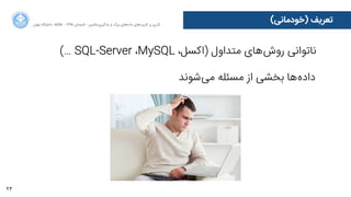 23
(‫)ﺧﻮﺩدﻣﺎﻧﯽ‬ ‫ﺗﻌﺮﯾﻒ‬‫ﺍاﻥن‬‫ﺮ‬‫ﺗﻬ‬ ‫ﺩدﺍاﻧﺸﮕﺎﻩه‬ ACM - ۱۳۹۵ ‫ﺗﺎﺑﺴﺘﺎﻥن‬ - ‫‌ﻣﺎﺷﯿﻦ‬‫ﯼی‬‫ﯾﺎﺩدﮔﯿﺮ‬ ‫ﻭو‬ ‫ﺑﺰﺭرﮒگ‬ ‫‌ﻫﺎﯼی‬‫ﻩه‬‫ﺩدﺍاﺩد‬ ‫‌ﻫﺎﯼی‬‫ﺩد‬‫ﮐﺎﺭرﺑﺮ‬ ‫ﺑﺮ‬ ‫ﮔﺬﺭرﯼی‬
‫‌ﺷﻮﻧﺪ‬‫ﯽ‬‫ﻣ‬ ‫ﻣﺴﺌﻠﻪ‬ ‫ﺍاﺯز‬ ‫ﺑﺨﺸﯽ‬ ‫‌ﻫﺎ‬‫ﻩه‬‫ﺩدﺍاﺩد‬
(… SQL-Server ،MySQL ،‫)ﺍاﮐﺴﻞ‬ ‫ﻣﺘﺪﺍاﻭوﻝل‬ ‫‌ﻫﺎﯼی‬‫ﺵش‬‫ﺭرﻭو‬ ‫ﻧﺎﺗﻮﺍاﻧﯽ‬
 