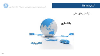 37
‫ﺍاﻥن‬‫ﺮ‬‫ﺗﻬ‬ ‫ﺩدﺍاﻧﺸﮕﺎﻩه‬ ACM - ۱۳۹۵ ‫ﺗﺎﺑﺴﺘﺎﻥن‬ - ‫‌ﻣﺎﺷﯿﻦ‬‫ﯼی‬‫ﯾﺎﺩدﮔﯿﺮ‬ ‫ﻭو‬ ‫ﺑﺰﺭرﮒگ‬ ‫‌ﻫﺎﯼی‬‫ﻩه‬‫ﺩدﺍاﺩد‬ ‫‌ﻫﺎﯼی‬‫ﺩد‬‫ﮐﺎﺭرﺑﺮ‬ ‫ﺑﺮ‬ ‫ﮔﺬﺭرﯼی‬
‫‌ﻫﺎ؟‬‫ﻩه‬‫ﺩدﺍاﺩد‬ ‫ﮐﺪﺍاﻡم‬
‫ﻣﺎﻟﯽ‬ ‫‌ﻫﺎﯼی‬‫ﺶ‬‫ﺗﺮﺍاﮐﻨ‬
 