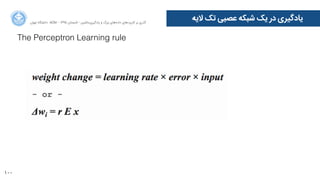 100
‫ﺍاﻥن‬‫ﺮ‬‫ﺗﻬ‬ ‫ﺩدﺍاﻧﺸﮕﺎﻩه‬ ACM - ۱۳۹۵ ‫ﺗﺎﺑﺴﺘﺎﻥن‬ - ‫‌ﻣﺎﺷﯿﻦ‬‫ﯼی‬‫ﯾﺎﺩدﮔﯿﺮ‬ ‫ﻭو‬ ‫ﺑﺰﺭرﮒگ‬ ‫‌ﻫﺎﯼی‬‫ﻩه‬‫ﺩدﺍاﺩد‬ ‫‌ﻫﺎﯼی‬‫ﺩد‬‫ﮐﺎﺭرﺑﺮ‬ ‫ﺑﺮ‬ ‫ﮔﺬﺭرﯼی‬
‫ﻻﯾﻪ‬ ‫ﺗﮏ‬ ‫ﻋﺼﺒﯽ‬ ‫ﺷﺒﮑﻪ‬ ‫ﯾﮏ‬ ‫ﺩدﺭر‬ ‫ﯾﺎﺩدﮔﯿﺮﯼی‬
The Perceptron Learning rule
 
