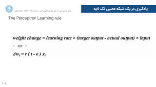 101
‫ﺍاﻥن‬‫ﺮ‬‫ﺗﻬ‬ ‫ﺩدﺍاﻧﺸﮕﺎﻩه‬ ACM - ۱۳۹۵ ‫ﺗﺎﺑﺴﺘﺎﻥن‬ - ‫‌ﻣﺎﺷﯿﻦ‬‫ﯼی‬‫ﯾﺎﺩدﮔﯿﺮ‬ ‫ﻭو‬ ‫ﺑﺰﺭرﮒگ‬ ‫‌ﻫﺎﯼی‬‫ﻩه‬‫ﺩدﺍاﺩد‬ ‫‌ﻫﺎﯼی‬‫ﺩد‬‫ﮐﺎﺭرﺑﺮ‬ ‫ﺑﺮ‬ ‫ﮔﺬﺭرﯼی‬
‫ﻻﯾﻪ‬ ‫ﺗﮏ‬ ‫ﻋﺼﺒﯽ‬ ‫ﺷﺒﮑﻪ‬ ‫ﯾﮏ‬ ‫ﺩدﺭر‬ ‫ﯾﺎﺩدﮔﯿﺮﯼی‬
The Perceptron Learning rule
 