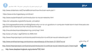 121
‫ﻣﺮﺟﻊ‬‫ﺍاﻥن‬‫ﺮ‬‫ﺗﻬ‬ ‫ﺩدﺍاﻧﺸﮕﺎﻩه‬ ACM - ۱۳۹۵ ‫ﺗﺎﺑﺴﺘﺎﻥن‬ - ‫‌ﻣﺎﺷﯿﻦ‬‫ﯼی‬‫ﯾﺎﺩدﮔﯿﺮ‬ ‫ﻭو‬ ‫ﺑﺰﺭرﮒگ‬ ‫‌ﻫﺎﯼی‬‫ﻩه‬‫ﺩدﺍاﺩد‬ ‫‌ﻫﺎﯼی‬‫ﺩد‬‫ﮐﺎﺭرﺑﺮ‬ ‫ﺑﺮ‬ ‫ﮔﺬﺭرﯼی‬
‫ﺳﺎﺯزﯼی‬ ‫ﭘﯿﺎﺩدﻩه‬ ‫ﮐﺪ‬
http://www.slideshare.net/ChantalBrockman/how-the-brain-work-part-1
https://www.enduringepilepsy.com/brain/
http://www.explainthatstuff.com/introduction-to-neural-networks.html
https://en.wikipedia.org/wiki/Computer_simulation
http://chicagoweathercenter.com/blog/heres-why-run-to-run-gyrations-in-computer-model-storm-track-forecasts-are-
granted-more-importance-than-should-be-the-case
http://neuralnetworksanddeeplearning.com/chap1.html
http://ulcar.uml.edu/~iag/CS/Intro-to-ANN.html
http://www.theprojectspot.com/tutorial-post/introduction-to-artiﬁcial-neural-networks-part-1/7
http://www.smithsonianmag.com/science-nature/beauty-of-the-brain-211354/?no-ist
http://www.theprojectspot.com/tutorial-post/introduction-to-artiﬁcial-neural-networks-part-2-learning/8
http://www.deeplearningbook.org/contents/TOC.html
 