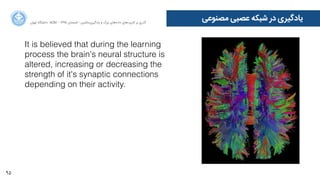 95
‫ﺍاﻥن‬‫ﺮ‬‫ﺗﻬ‬ ‫ﺩدﺍاﻧﺸﮕﺎﻩه‬ ACM - ۱۳۹۵ ‫ﺗﺎﺑﺴﺘﺎﻥن‬ - ‫‌ﻣﺎﺷﯿﻦ‬‫ﯼی‬‫ﯾﺎﺩدﮔﯿﺮ‬ ‫ﻭو‬ ‫ﺑﺰﺭرﮒگ‬ ‫‌ﻫﺎﯼی‬‫ﻩه‬‫ﺩدﺍاﺩد‬ ‫‌ﻫﺎﯼی‬‫ﺩد‬‫ﮐﺎﺭرﺑﺮ‬ ‫ﺑﺮ‬ ‫ﮔﺬﺭرﯼی‬
‫ﻣﺼﻨﻮﻋﯽ‬ ‫ﻋﺼﺒﯽ‬ ‫ﺷﺒﮑﻪ‬ ‫ﺩدﺭر‬ ‫ﯾﺎﺩدﮔﯿﺮﯼی‬
It is believed that during the learning
process the brain's neural structure is
altered, increasing or decreasing the
strength of it's synaptic connections
depending on their activity.
 