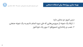 5
‫ﺻﻨﻌﺘﯽ‬ ‫ﺍاﺳﺘﻔﺎﺩدﻩه‬ ‫ﺑﺮﺍاﯼی‬ ‫‌ﻫﺎ‬‫ﻩه‬‫ﭘﺮﻭوﮊژ‬ ‫ﺳﺎﺯزﯼی‬ ‫ﺑﻬﯿﻨﻪ‬‫ﺍاﻥن‬‫ﺮ‬‫ﺗﻬ‬ ‫ﺩدﺍاﻧﺸﮕﺎﻩه‬ ACM - ۱۳۹۵ ‫ﺗﺎﺑﺴﺘﺎﻥن‬ - ‫‌ﻣﺎﺷﯿﻦ‬‫ﯼی‬‫ﯾﺎﺩدﮔﯿﺮ‬ ‫ﻭو‬ ‫ﺑﺰﺭرﮒگ‬ ‫‌ﻫﺎﯼی‬‫ﻩه‬‫ﺩدﺍاﺩد‬ ‫‌ﻫﺎﯼی‬‫ﺩد‬‫ﮐﺎﺭرﺑﺮ‬ ‫ﺑﺮ‬ ‫ﮔﺬﺭرﯼی‬
:‫ﺩدﺍاﺭرﻩه‬ ‫ﺑﺨﺶ‬ ‫ﺩدﻭو‬ ‫ﺍاﻣﺮﻭوﺯز‬ ‫ﺩدﺭرﺱس‬
‫ﺻﻨﻌﺘﯽ‬ ‫ﻧﻤﻮﻧﻪ‬ ‫ﯾﮏ‬ ‫ﺑﻪ‬ ‫ﺩدﺍاﺩدﯾﻢ‬ ‫ﺍاﻧﺠﺎﻡم‬ ‫ﺩدﻭوﺭرﻩه‬ ‫ﻃﯽ‬ ‫ﮐﻪ‬ ‫‌ﻫﺎﯾﯽ‬‫ﺲ‬‫ﺳﺮﻭوﯾ‬ ‫ﺍاﺯز‬ ‫ﻧﻤﻮﻧﻪ‬ ‫ﯾﮏ‬ ‫ﺍاﺭرﺗﻘﺎ‬ .۱
‫ﺧﻮﺩدﺁآﻣﻮﺯز‬ ‫ﯾﮏ‬ ‫ﻣﺮﻭوﺭر‬ + ‫ﺗﻨﺴﻮﺭرﻓﻠﻮ‬ ‫‌ﺍاﻧﺪﺍاﺯزﯼی‬‫ﻩه‬‫ﺭرﺍا‬ ‫ﻭو‬ ‫ﻧﺼﺐ‬ .۲
 