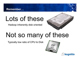 Remember…


Lots of these
Hadoop inherently disk oriented



Not so many of these
Typically low ratio of CPU to Disk
 