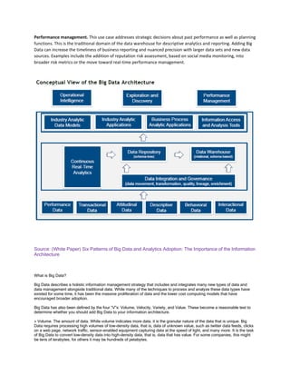 Performance management. This use case addresses strategic decisions about past performance as well as planning
functions. This is the traditional domain of the data warehouse for descriptive analytics and reporting. Adding Big
Data can increase the timeliness of business reporting and nuanced precision with larger data sets and new data
sources. Examples include the addition of reputation risk assessment, based on social media monitoring, into
broader risk metrics or the move toward real-time performance management.
Source: (White Paper) Six Patterns of Big Data and Analytics Adoption: The Importance of the Information
Architecture
What is Big Data?
Big Data describes a holistic information management strategy that includes and integrates many new types of data and
data management alongside traditional data. While many of the techniques to process and analyze these data types have
existed for some time, it has been the massive proliferation of data and the lower cost computing models that have
encouraged broader adoption.
Big Data has also been defined by the four “V”s: Volume, Velocity, Variety, and Value. These become a reasonable test to
determine whether you should add Big Data to your information architecture.
» Volume. The amount of data. While volume indicates more data, it is the granular nature of the data that is unique. Big
Data requires processing high volumes of low-density data, that is, data of unknown value, such as twitter data feeds, clicks
on a web page, network traffic, sensor-enabled equipment capturing data at the speed of light, and many more. It is the task
of Big Data to convert low-density data into high-density data, that is, data that has value. For some companies, this might
be tens of terabytes, for others it may be hundreds of petabytes.
 