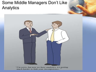 Understand
• That ―sophisticated analytics solutions . . . must
be embedded in frontline tools so simple and
engaging that managers and frontline employees
will be eager to use them daily.‖ Mobilizing Your
C-Suite For Big Data Analytics (McKinsey &
Company 2013).

 