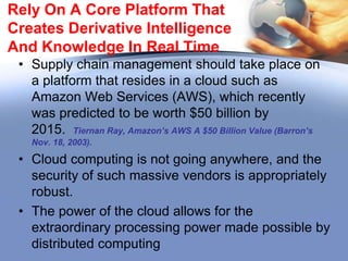 Rely On A Core Platform That
Creates Derivative Intelligence And
Knowledge In Real Time
• Building a robust supply chain management
platform from scratch or by combining point
solutions is nearly impossible.
• From the perspective of cost alone, it is much
more effective to partner with a third-party cloudbased solution provider.
• Your criteria when you choose a platform should
be stringent.

 