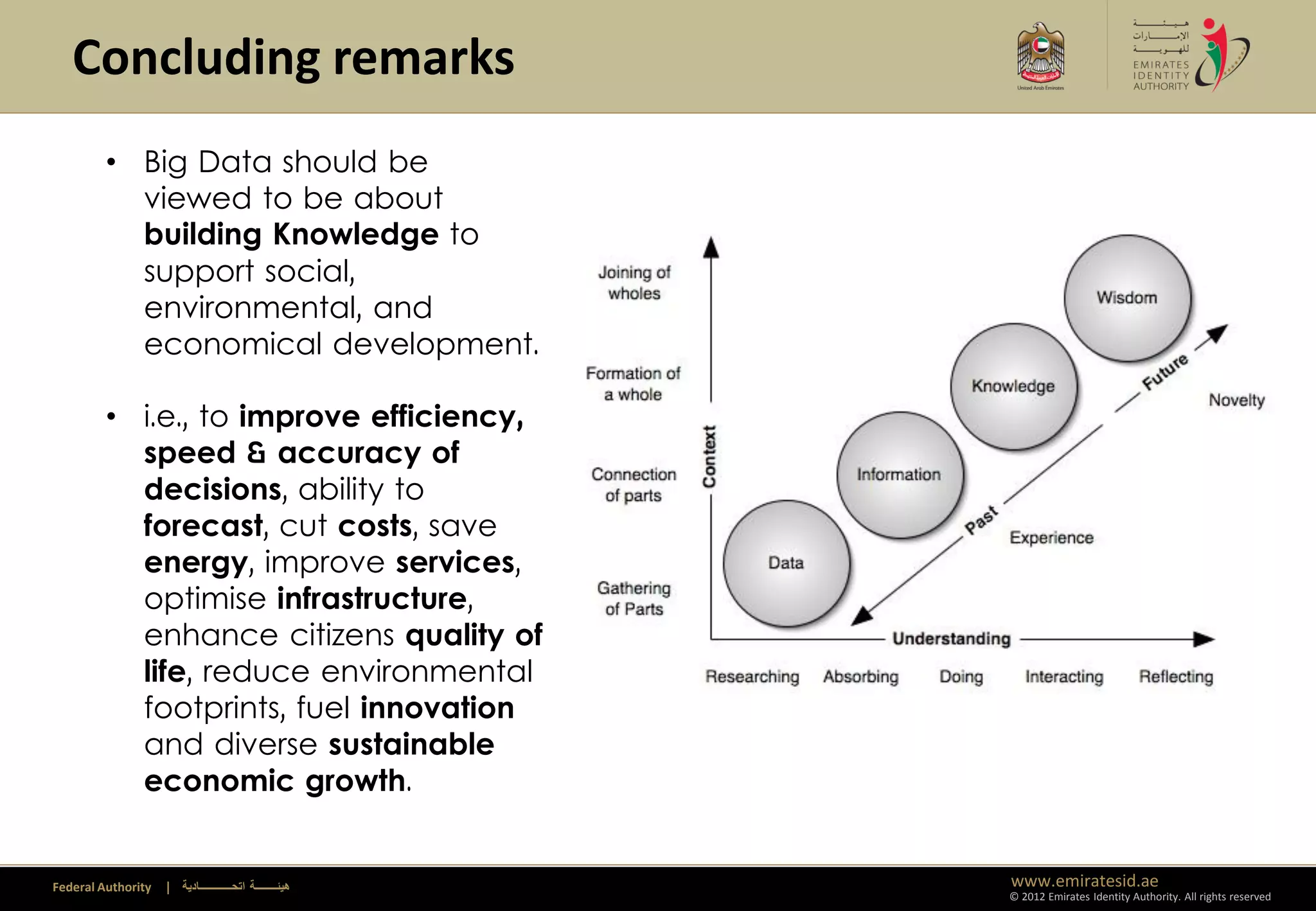 Concluding remarks
         • Big Data should be
           viewed to be about
           building Knowledge to
           support social,
           environmental, and
           economical development.

         • i.e., to improve efficiency,
           speed & accuracy of
           decisions, ability to
           forecast, cut costs, save
           energy, improve services,
           optimise infrastructure,
           enhance citizens quality of
           life, reduce environmental
           footprints, fuel innovation
           and diverse sustainable
           economic growth.


Federal Authority   | ‫هيئــــــــة اتحــــــــــــادية‬   www.emiratesid.ae
                                                         © 2012 Emirates Identity Authority. All rights reserved
 