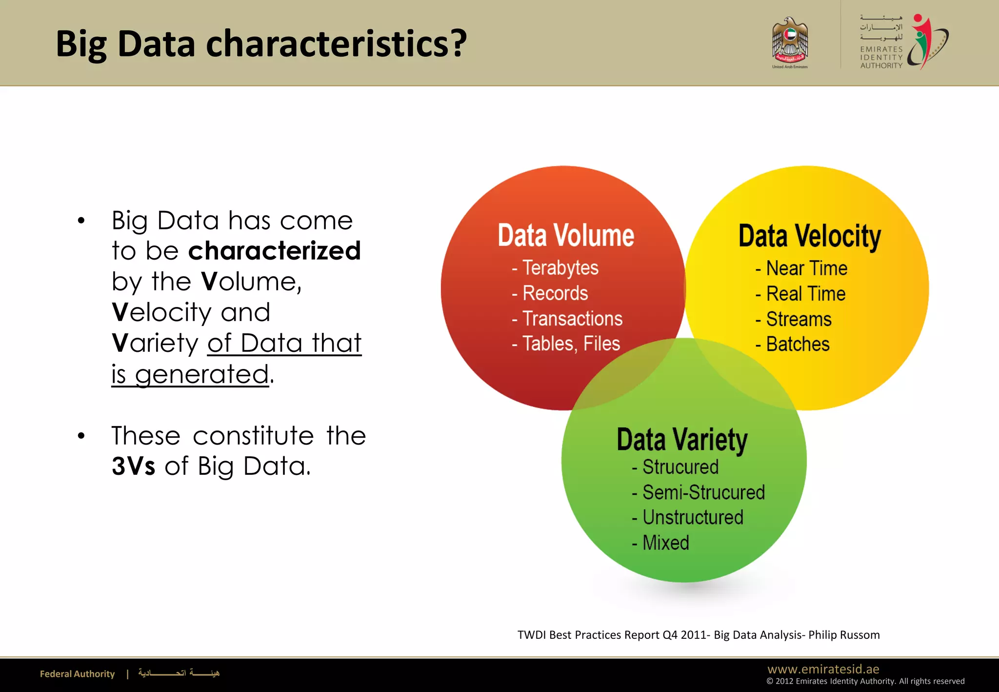 Big Data characteristics?



        • Big Data has come
          to be characterized
          by the Volume,
          Velocity and
          Variety of Data that
          is generated.

        • These constitute the
          3Vs of Big Data.




                                                         TWDI Best Practices Report Q4 2011- Big Data Analysis- Philip Russom

Federal Authority   | ‫هيئــــــــة اتحــــــــــــادية‬                                                 www.emiratesid.ae
                                                                                                       © 2012 Emirates Identity Authority. All rights reserved
 