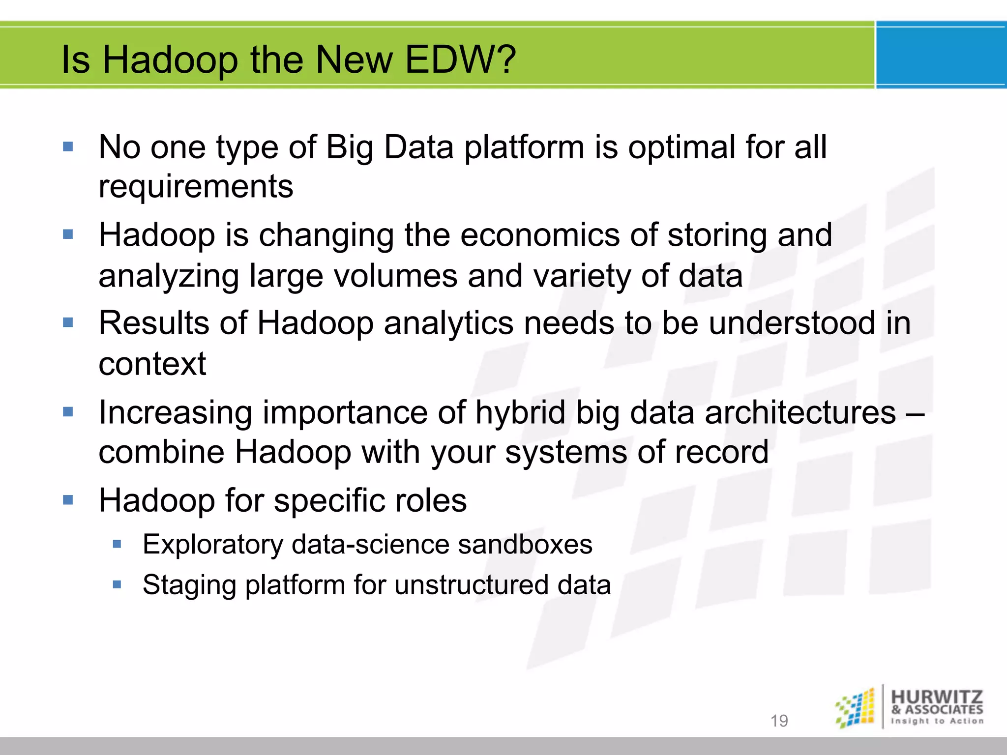 Is Hadoop the New EDW?
§  No one type of Big Data platform is optimal for all
requirements
§  Hadoop is changing the economics of storing and
analyzing large volumes and variety of data
§  Results of Hadoop analytics needs to be understood in
context
§  Increasing importance of hybrid big data architectures –
combine Hadoop with your systems of record
§  Hadoop for specific roles
§  Exploratory data-science sandboxes
§  Staging platform for unstructured data

19

 