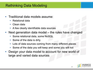 Rethinking Data Modeling
§  Traditional data models assume:
§  Relational data
§  Clean data
§  A few clearly identifiable data sources

§  Next generation data model – the rules have changed
§ 
§ 
§ 
§ 

Some relational data, some NoSQL
Some of the data is dirty
Lots of data sources coming from many different places
Some of the data you will keep and some you will not

§  Design your data model to account for new world of
large and varied data sources

20

 
