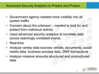 Advanced Security Analytics to Predict and Protect
§  Government agency needed more visibility into all
system traffic
§  Concern about the unknown – needed to look for and
protect from malicious activity
§  Used advanced security analytics to correlate data
across seemingly unrelated events
§  Real-time
§  Analyze variety data sources- emails, documents, social
media data, business process data, DNS transactions
§  Analyze massive amounts structured and unstructured
data
23

 