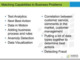 Matching Capabilities to Business Problems

§  Text Analytics
§  Next Best Action
§  Data in Motion
§  Adding business
process and rules
§  Anamoly Detection
§  Data Visualization

§  Correlation between
customer service,
comments in the
market, customer
management
§  Putting a lot of data
types together to
determine best
actions
§  Detecting Fraud
24

 