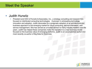 Meet the Speaker
§  Judith Hurwitz
§ 

President and CEO of Hurwitz & Associates, Inc., a strategy consulting and research firm
focused on distributed computing technologies. A pioneer in anticipating technology
innovation and adoption, Judith advocates for a pragmatic adoption of an architectural and
business approach to the emerging market for cloud computing, service orientation, and
service management. She has served as a trusted advisor to many industry leaders over the
years. Judith has helped these companies make the transition to a new business model
focused on the business value of emerging platforms. Judith is an accomplished author and
most recently co-author of Big Data for Dummies.

 