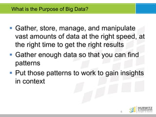 What is the Purpose of Big Data?

§  Gather, store, manage, and manipulate
vast amounts of data at the right speed, at
the right time to get the right results
§  Gather enough data so that you can find
patterns
§  Put those patterns to work to gain insights
in context

6

 