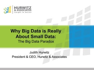 Why Big Data is Really
About Small Data:
The Big Data Paradox
Judith Hurwitz
President & CEO, Hurwitz & Associates

 