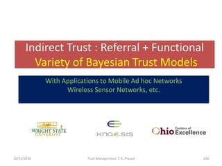Indirect Trust : Referral + Functional
Variety of Bayesian Trust Models
10/31/2016 Trust Management: T. K. Prasad 140
With...