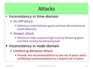 Attacks
• Inconsistency in time-domain
 On-Off attack
 Malicious node behaves good and bad alternatively to
avoid detect...