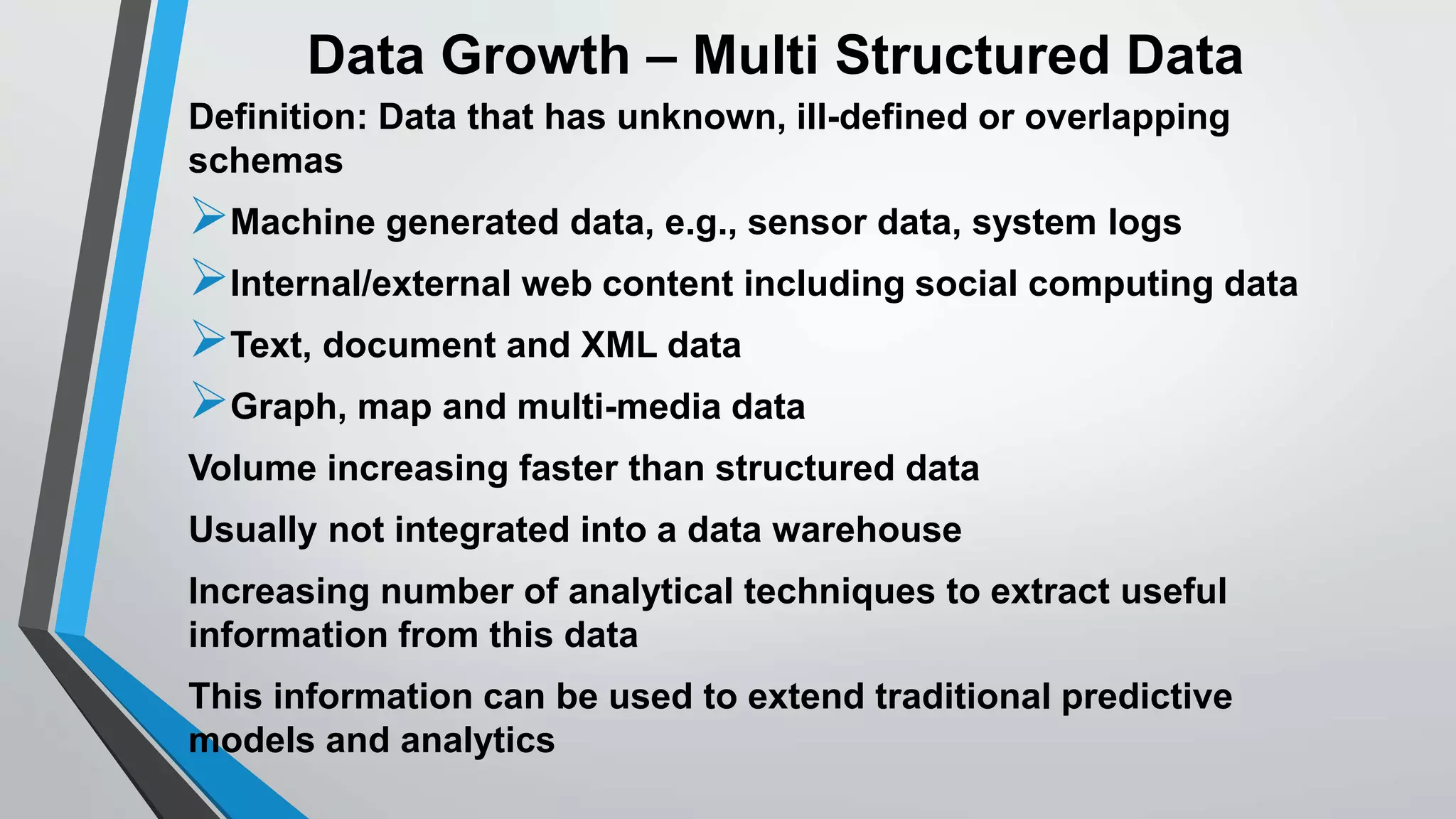 Data Growth – Multi Structured Data 
Definition: Data that has unknown, ill-defined or overlapping 
schemas 
Machine generated data, e.g., sensor data, system logs 
Internal/external web content including social computing data 
Text, document and XML data 
Graph, map and multi-media data 
Volume increasing faster than structured data 
Usually not integrated into a data warehouse 
Increasing number of analytical techniques to extract useful 
information from this data 
This information can be used to extend traditional predictive 
models and analytics 
 