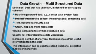 Data Growth – Multi Structured Data 
Definition: Data that has unknown, ill-defined or overlapping 
schemas 
Machine generated data, e.g., sensor data, system logs 
Internal/external web content including social computing data 
Text, document and XML data 
Graph, map and multi-media data 
Volume increasing faster than structured data 
Usually not integrated into a data warehouse 
Increasing number of analytical techniques to extract useful 
information from this data 
This information can be used to extend traditional predictive 
models and analytics 
 