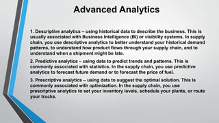 Advanced Analytics 
1. Descriptive analytics – using historical data to describe the business. This is 
usually associated with Business Intelligence (BI) or visibility systems. In supply 
chain, you use descriptive analytics to better understand your historical demand 
patterns, to understand how product flows through your supply chain, and to 
understand when a shipment might be late. 
2. Predictive analytics – using data to predict trends and patterns. This is 
commonly associated with statistics. In the supply chain, you use predictive 
analytics to forecast future demand or to forecast the price of fuel. 
3. Prescriptive analytics – using data to suggest the optimal solution. This is 
commonly associated with optimization. In the supply chain, you use 
prescriptive analytics to set your inventory levels, schedule your plants, or route 
your trucks. 
 