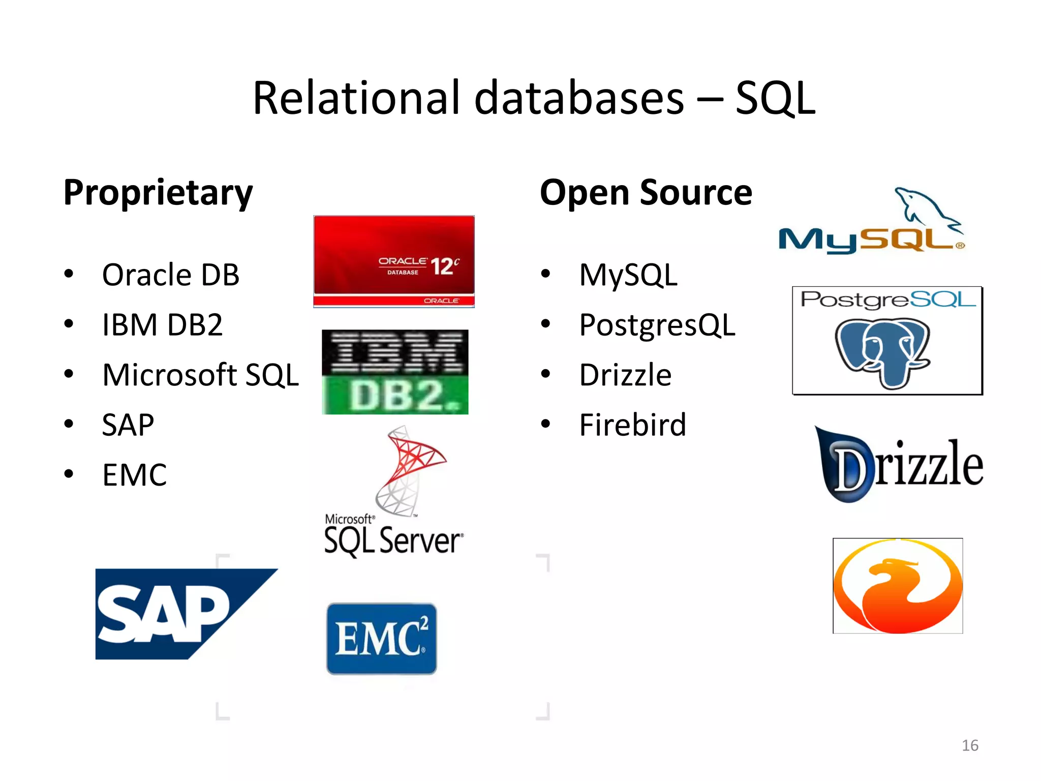 Relational databases – SQL
Proprietary
• Oracle DB
• IBM DB2
• Microsoft SQL
• SAP
• EMC
Open Source
• MySQL
• PostgresQL
• Drizzle
• Firebird
16
 