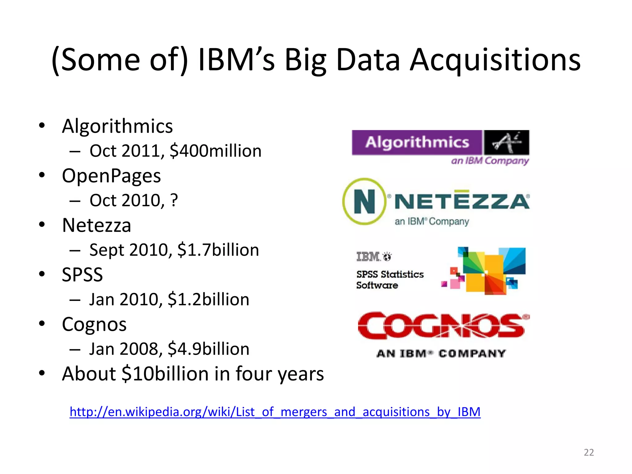 (Some of) IBM’s Big Data Acquisitions
• Algorithmics
– Oct 2011, $400million
• OpenPages
– Oct 2010, ?
• Netezza
– Sept 2010, $1.7billion
• SPSS
– Jan 2010, $1.2billion
• Cognos
– Jan 2008, $4.9billion
• About $10billion in four years
http://en.wikipedia.org/wiki/List_of_mergers_and_acquisitions_by_IBM
22
 