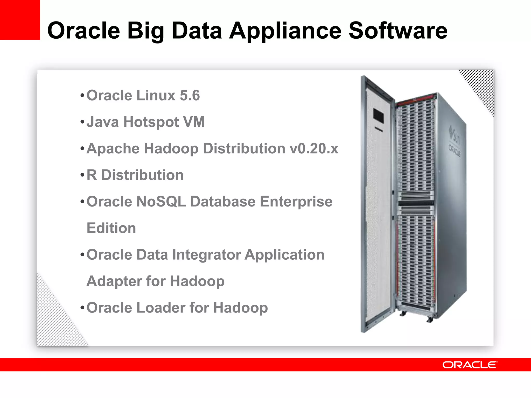 Oracle Big Data Appliance Software

  •Oracle Linux 5.6
  •Java Hotspot VM
  •Apache Hadoop Distribution v0.20.x
  •R Distribution
  •Oracle NoSQL Database Enterprise
   Edition
  •Oracle Data Integrator Application
   Adapter for Hadoop
  •Oracle Loader for Hadoop
 