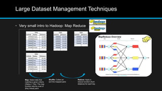 Large Dataset Management Techniques
• Very small intro to Hadoop: Map Reduce
Map: Select data that
matches a given criteria
(Status = Trip). The map
function returns a set of
{Key,Value} pairs
Shuffle: Collect an
sort the mapped pairs
Reduce: Apply a
reduce function (Sum
distance) for each key
 