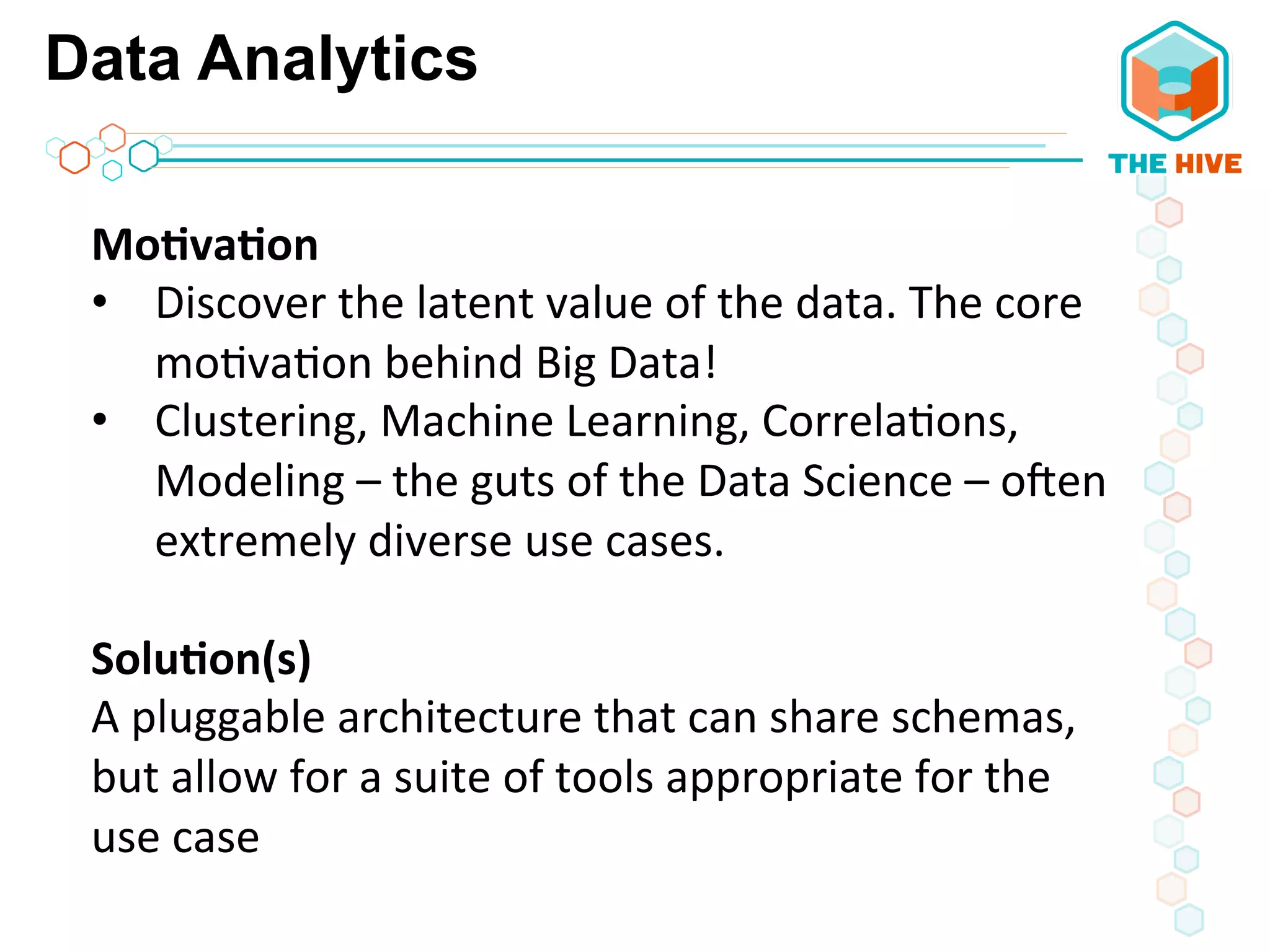Data Analytics
Mo8va8on	
  
•  Discover	
  the	
  latent	
  value	
  of	
  the	
  data.	
  The	
  core	
  
mo5va5on	
  behind	
  Big	
  Data!	
  
•  Clustering,	
  Machine	
  Learning,	
  Correla5ons,	
  
Modeling	
  –	
  the	
  guts	
  of	
  the	
  Data	
  Science	
  –	
  o_en	
  
extremely	
  diverse	
  use	
  cases.	
  	
  
	
  
Solu8on(s)	
  
A	
  pluggable	
  architecture	
  that	
  can	
  share	
  schemas,	
  
but	
  allow	
  for	
  a	
  suite	
  of	
  tools	
  appropriate	
  for	
  the	
  
use	
  case	
  
 