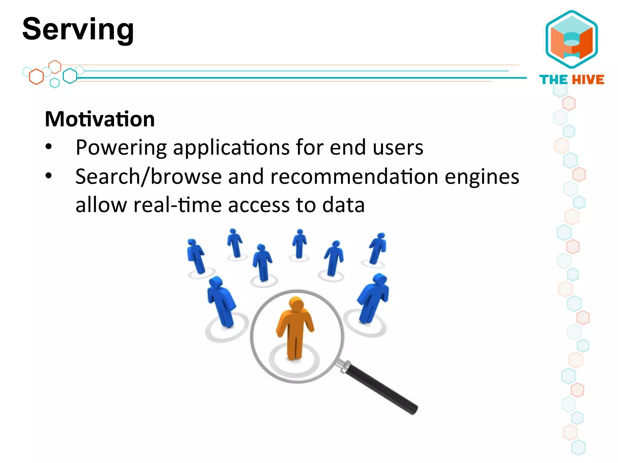 Serving
Mo8va8on	
  
•  Powering	
  applica5ons	
  for	
  end	
  users	
  
•  Search/browse	
  and	
  recommenda5on	
  engines	
  
allow	
  real-­‐5me	
  access	
  to	
  data	
  	
  
 