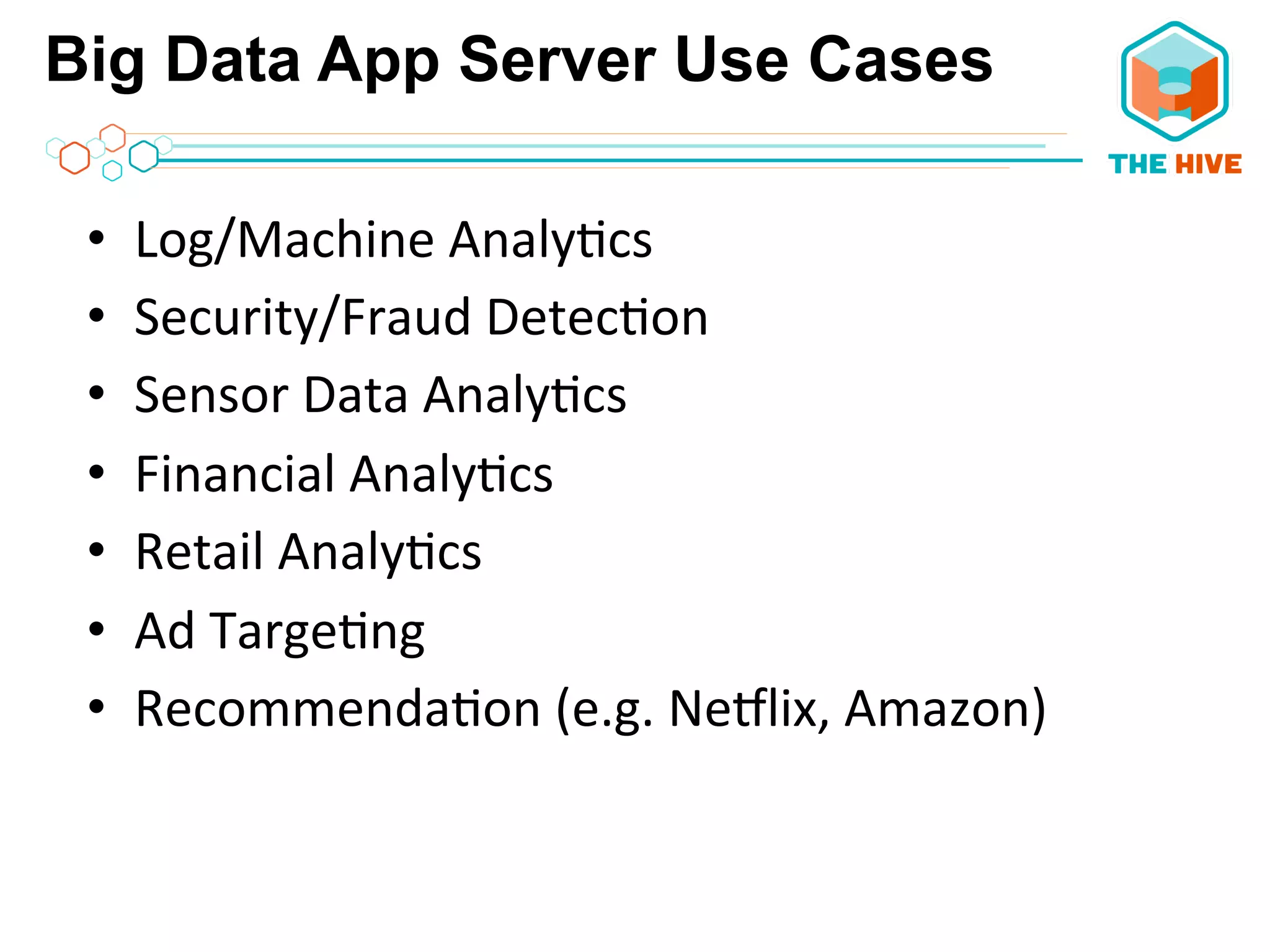 Big Data App Server Use Cases
•  Log/Machine	
  Analy5cs	
  
•  Security/Fraud	
  Detec5on	
  
•  Sensor	
  Data	
  Analy5cs	
  
•  Financial	
  Analy5cs	
  
•  Retail	
  Analy5cs	
  
•  Ad	
  Targe5ng	
  
•  Recommenda5on	
  (e.g.	
  NeMlix,	
  Amazon)	
  
	
  
 