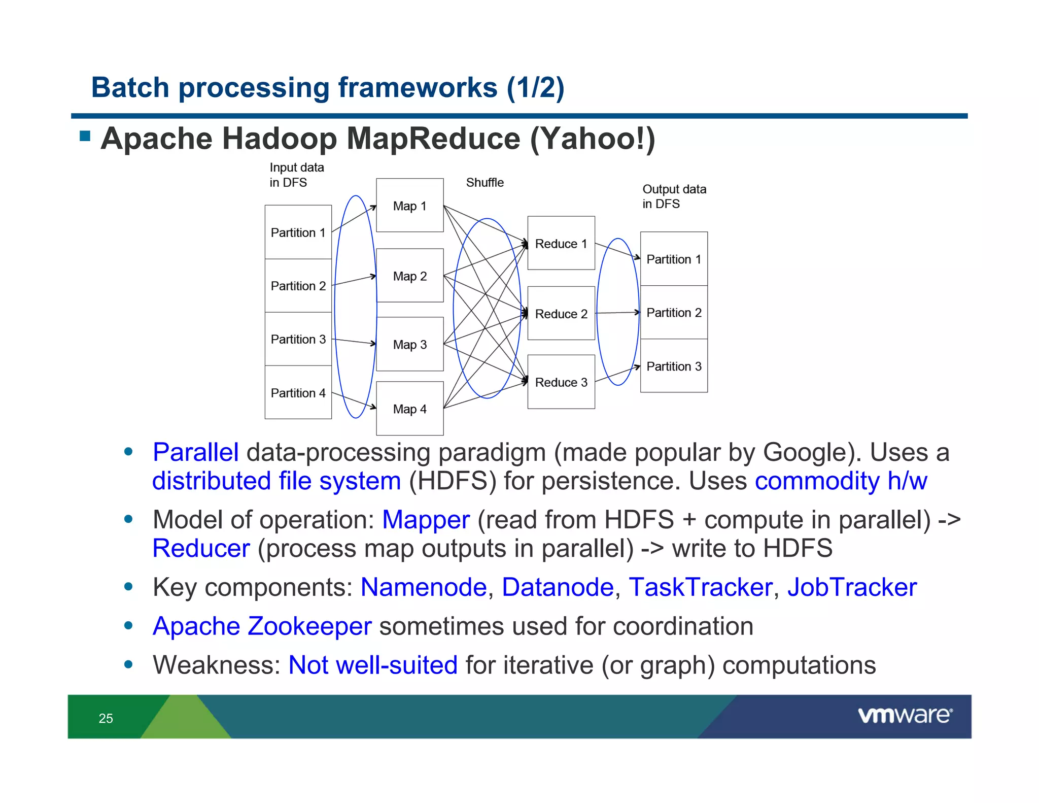 Batch processing frameworks (1/2)
!  Apache Hadoop MapReduce (Yahoo!)




      •  Parallel data-processing paradigm (made popular by Google). Uses a
        distributed file system (HDFS) for persistence. Uses commodity h/w
      •  Model of operation: Mapper (read from HDFS + compute in parallel) ->
        Reducer (process map outputs in parallel) -> write to HDFS
      •  Key components: Namenode, Datanode, TaskTracker, JobTracker
      •  Apache Zookeeper sometimes used for coordination
      •  Weakness: Not well-suited for iterative (or graph) computations
 25
 