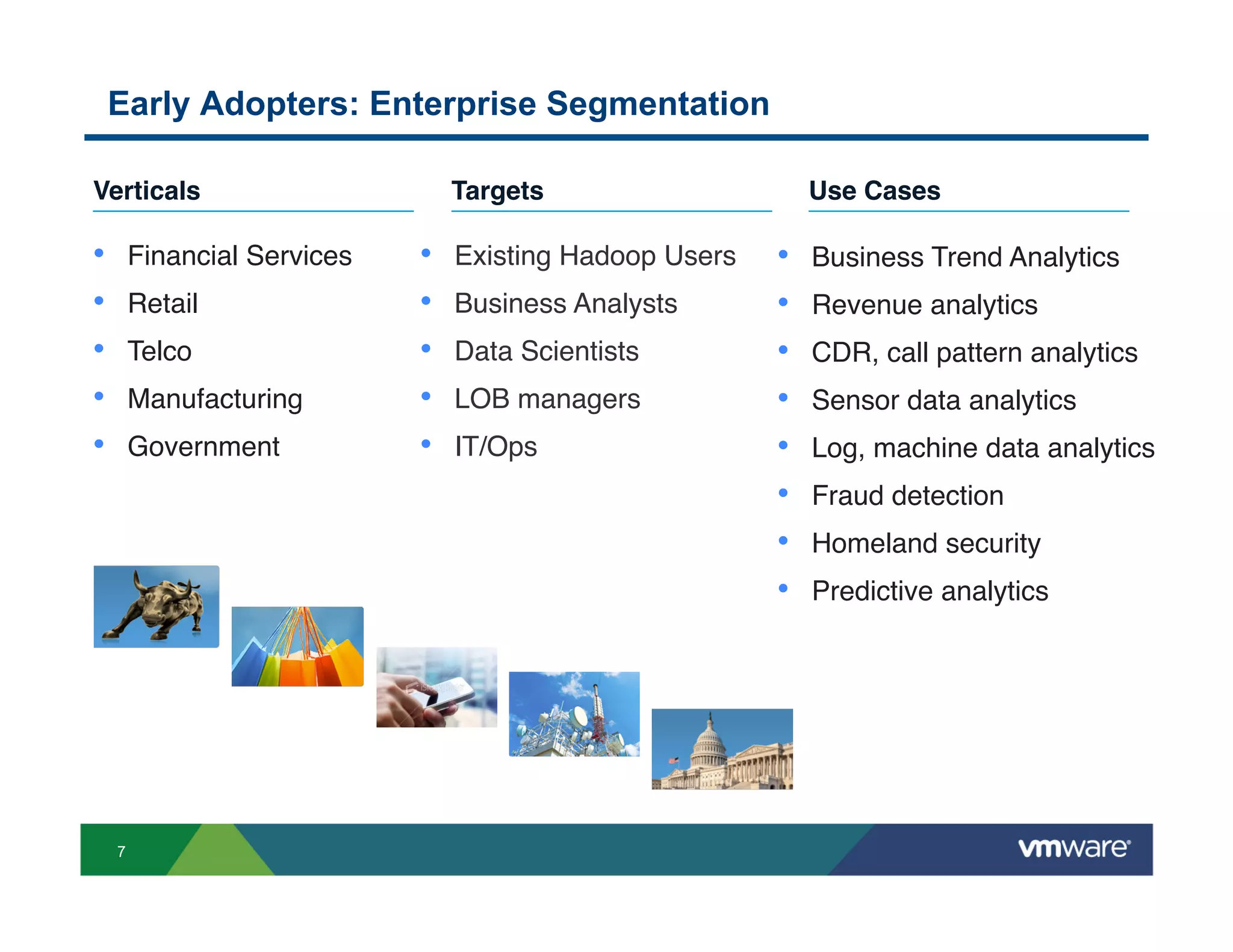 Early Adopters: Enterprise Segmentation

Verticals!                          Targets!                      Use Cases!

•        Financial Services"   •    Existing Hadoop Users"   •    Business Trend Analytics"
•        Retail"               •    Business Analysts"       •    Revenue analytics"
•        Telco"                •    Data Scientists"         •    CDR, call pattern analytics"
•        Manufacturing"        •    LOB managers"            •    Sensor data analytics"
•        Government"           •    IT/Ops"                  •    Log, machine data analytics"
                                                             •    Fraud detection"
                                                             •    Homeland security"
                                                             •    Predictive analytics"




     7
 