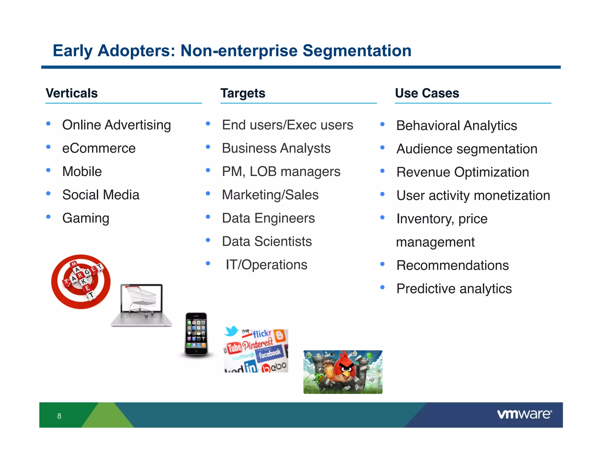 Early Adopters: Non-enterprise Segmentation

Verticals!                          Targets!                     Use Cases!

•        Online Advertising"   •    End users/Exec users"   •    Behavioral Analytics"
•        eCommerce"            •    Business Analysts"      •    Audience segmentation"
•        Mobile"               •    PM, LOB managers"       •    Revenue Optimization"
•        Social Media"         •    Marketing/Sales"        •    User activity monetization"
•        Gaming"               •    Data Engineers"         •    Inventory, price
                               •    Data Scientists"             management"
                               •    IT/Operations"          •    Recommendations"
                                                            •    Predictive analytics"




     8
 