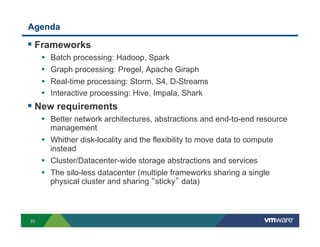 Agenda

!  Frameworks
     •    Batch processing: Hadoop, Spark
     •    Graph processing: Pregel, Apache Giraph
     •    Real-time processing: Storm, S4, D-Streams
     •    Interactive processing: Hive, Impala, Shark
!  New requirements
     •  Better network architectures, abstractions and end-to-end resource
        management
     •  Whither disk-locality and the flexibility to move data to compute
        instead
     •  Cluster/Datacenter-wide storage abstractions and services
     •  The silo-less datacenter (multiple frameworks sharing a single
          physical cluster and sharing sticky data)



23
 