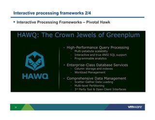 Interactive processing frameworks 2/4

!  Interactive Processing Frameworks – Pivotal Hawk




31
 