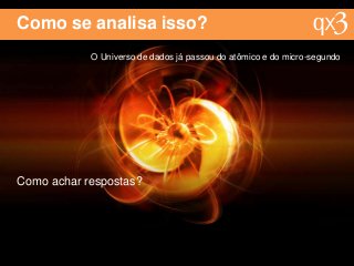 Como se analisa isso?
O Universo de dados já passou do atômico e do micro-segundo
Como achar respostas?
 