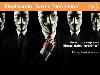 Finalizando: Dados “anônimos”
Evolução de doenças
Governos e empresas
liberam dados “anônimos”
 