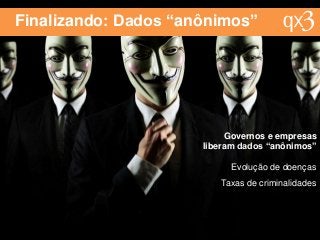 Finalizando: Dados “anônimos”
Evolução de doenças
Taxas de criminalidades
Governos e empresas
liberam dados “anônimos”
 