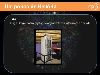 Um pouco de História
1998
Surge Google, com o objetivo de organizar toda a informação do mundo
 