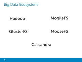BIG DATA ARCHITECTURE
BI & DWH Architecture - Conventional
• SQL based
• High availability
• Enterprise database
• Right design for structured data
• Current storage hardware (SAN, NAS, DAS)

Analytics Architecture – Next Generation
• Not only SQL based
• High scalability, availability and flexibility
• Compute and storage in the same box for
reducing the network latency
• Right design for semi-structured and
unstructured data

App
Servers
Edge
Nodes
Network
Switches
Network
Switches
Database
Servers

Storage Array
SAN
Switch

11

Data
Nodes

Big Data with Not Only SQL

 