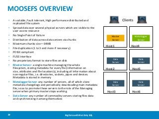 MOOSEFS OVERVIEW
•
•
•
•
•
•
•
•
•
•

•

•

29

A scalable, Fault tolerant, High performance distributed and
replicated file system
Spread data over several physical servers which are visible to the
user as one resource
No Single Point of Failure
Distribution of data across data servers via chunks
Maximum chunks size = 64MB
File duplication (1 to 3 and more if necessary)
POSIX compliant
FUSE Interface
No proprietary format to store files on disk
Master Server: a single machine managing the whole
filesystem, storing metadata for every file (information on
size, attributes and file location(s), including all information about
non-regular files, i.e. directories, sockets, pipes and devices.
Metadata is stored in memory
Metalogger Server: any number of servers, all of which store
metadata changelogs and periodically downloading main metadata
file; so as to promote these servers to the role of the Managing
server when primary master stops working
Data Server any number of commodity servers storing files data
and synchronizing it among themselves

Big Data with Not Only SQL

Clients

Master
Server

Host1

Data
Server

Host2

Data
Server

Host3

Metalogger
Server

Host4

Data
Server

Host5

Data
Server

Host6

 