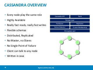 CASSANDRA OVERVIEW
• Every node play the same role

Cassandra API

• Highly Available

Storage Layer

• Really fast reads, really fast writes
• Flexible schemas

Partitioner

Replicator

Failure Detector

Cluster Membership

Messaging Layer

• Distributed, Replicated
• No Master, no Slaves
• No Single Point of Failure
• Client can talk to any node
• Written in Java

33

Tools

Big Data with Not Only SQL

 