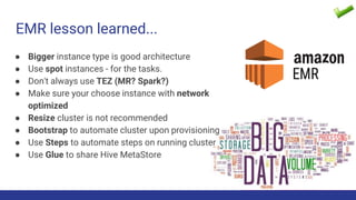 EMR lesson learned...
● Bigger instance type is good architecture
● Use spot instances - for the tasks.
● Don't always use TEZ (MR? Spark?)
● Make sure your choose instance with network
optimized
● Resize cluster is not recommended
● Bootstrap to automate cluster upon provisioning
● Use Steps to automate steps on running cluster
● Use Glue to share Hive MetaStore
 