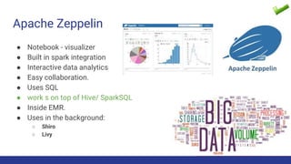 Apache Zeppelin
● Notebook - visualizer
● Built in spark integration
● Interactive data analytics
● Easy collaboration.
● Uses SQL
● work s on top of Hive/ SparkSQL
● Inside EMR.
● Uses in the background:
○ Shiro
○ Livy
 