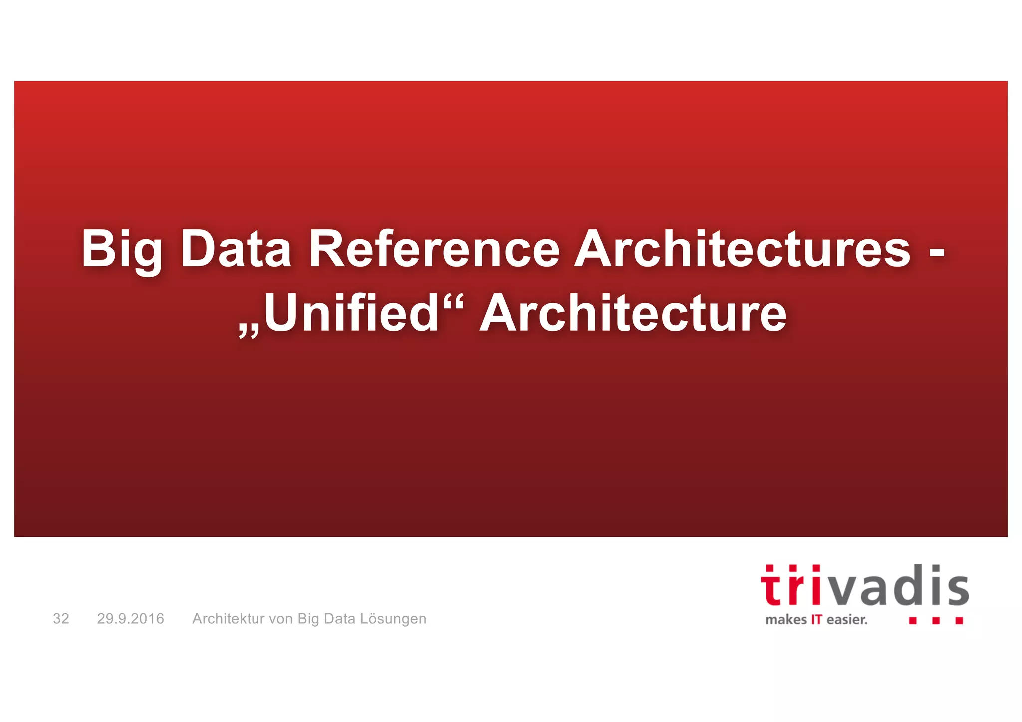 “Unified Architecture” for Big Data
Data
Ingestion
(Analytical)	Batch	Data	Processing	(Calculate	
Models	of	incoming	data)
Batch
compute
Result	StoreData
Sources
Channel
Data
Consumer
Reports
Service
Analytic
Tools
Alerting
Tools
Content
RDBMS
Social
ERP
Logfiles
Sensor
Machine
(Analytical)	Real-Time	Data	Processing
Stream/Event	Processing
Batch
compute
Messaging
Result	Store
Query
Engine
Result	Store
Computed	
Information
Raw	Data	
(Reservoir)
=	Data	in	Motion =	Data	at	Rest
Prediction	
Models
Big Data Solution Architectures29.9.201633
 