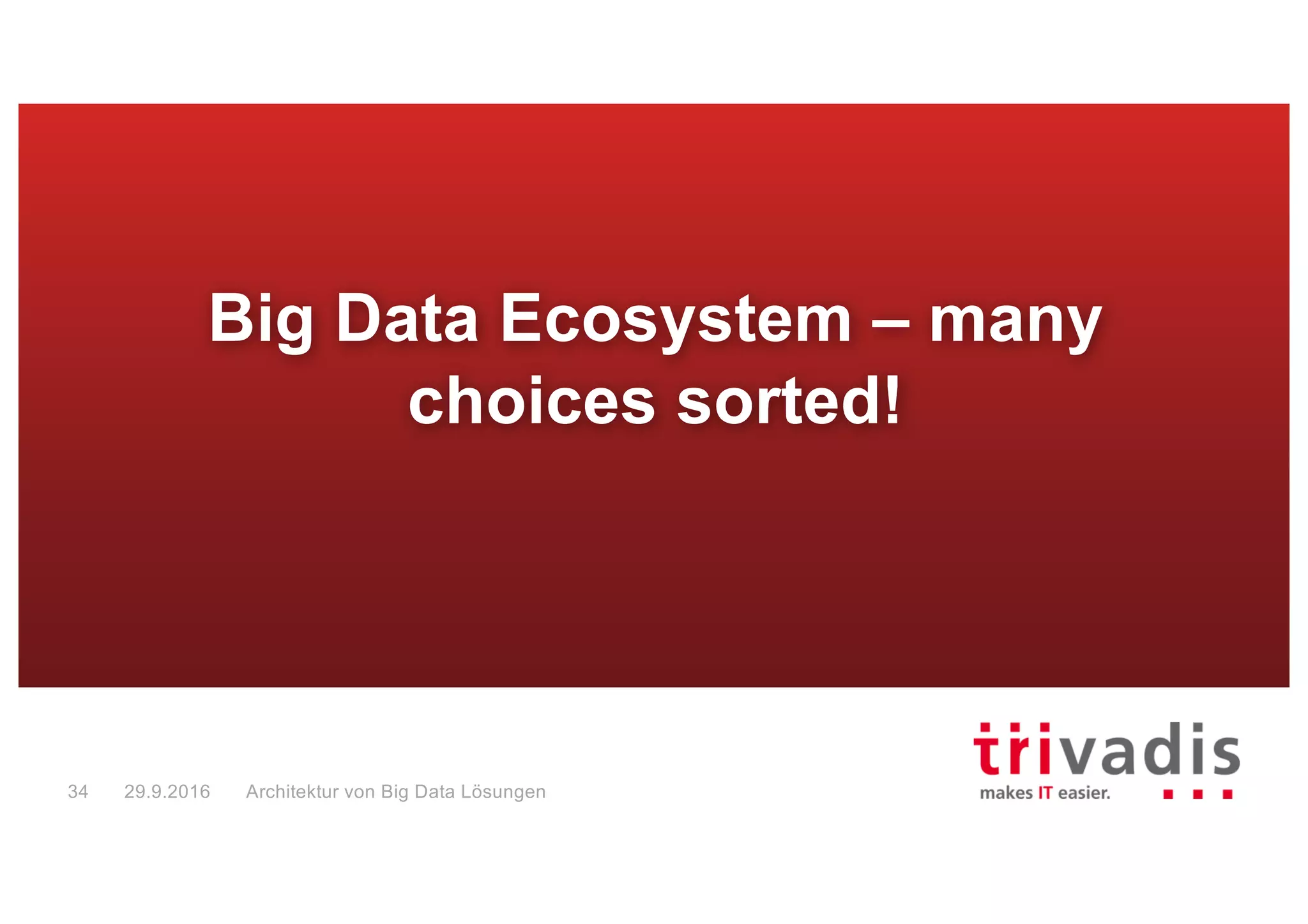 Building Blocks for (Big) Data Processing
Data
Acquisition
Format
File System
Stream Processing
Batch SQL
Graph DBMS
Document
DBMS
Relational
DBMS
Visualization
IoT
Messaging
Analytics
OLAP DBMS
Query
Federation
Table-Style
DBMS
Key Value
DBMS
Batch Processing
In-Memory
Big Data Solution Architectures29.9.201635
 